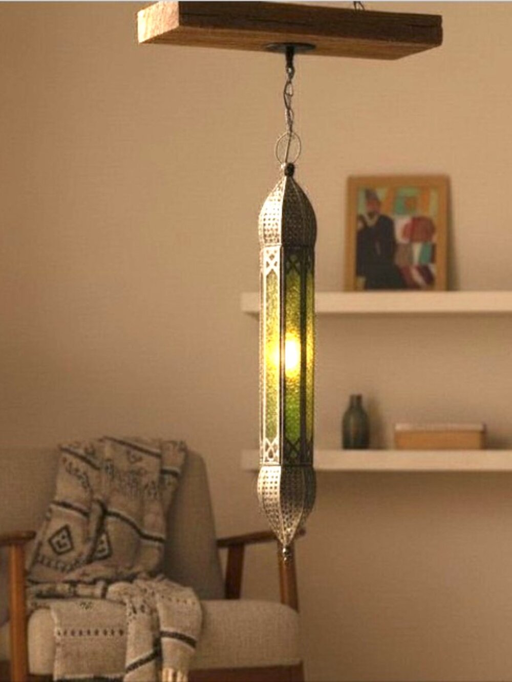 LANTERN -- Ornate Moroccan, Yellow Glass Panels, Tealight Candle Holder, Hanging